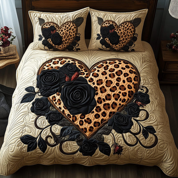 Leopard Heart quilted 3-piece bedding set on a made bed with two matching pillow shams