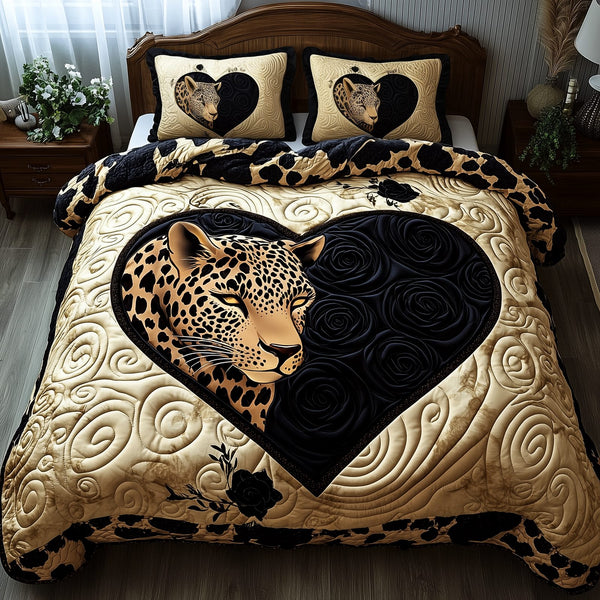 Leopard Heart quilted 3-piece bedding set on a made bed with two matching pillow shams