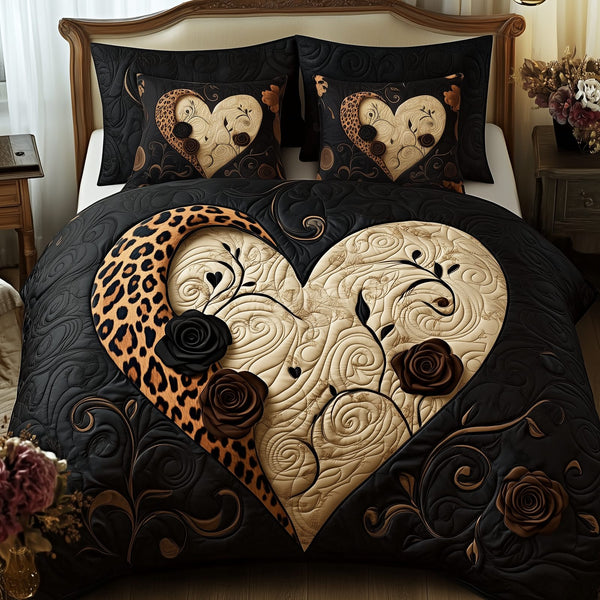 Leopard Heart quilted 3-piece bedding set on a made bed with two matching pillow shams