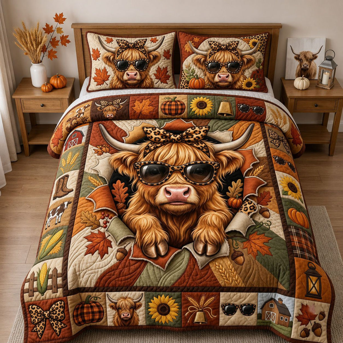 Leopard Highland Cow quilted 3-piece bedding set on a made bed with two matching pillow shams