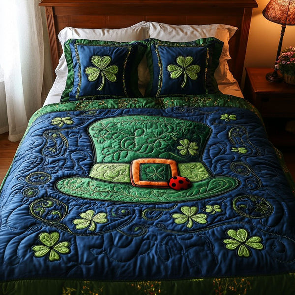 Leprechaun Clover Dreams quilted 3-piece bedding set on a made bed with two matching pillow shams