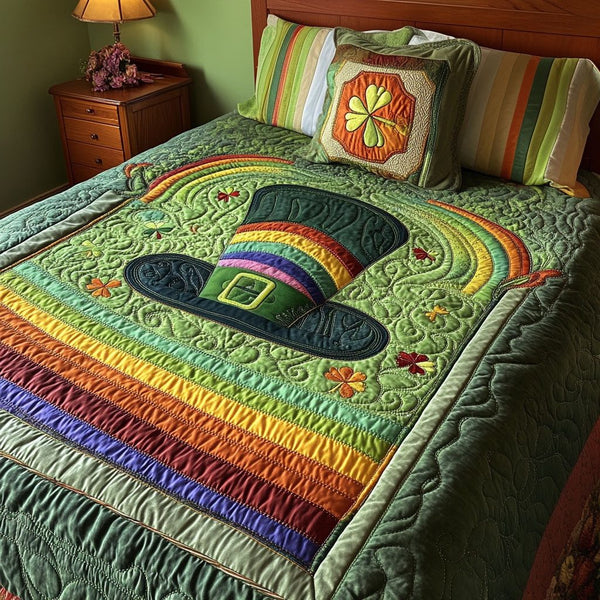 Leprechaun Landing quilted 3-piece bedding set on a made bed with two matching pillow shams
