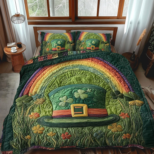 Leprechauns Treasure quilted 3-piece bedding set on a made bed with two matching pillow shams
