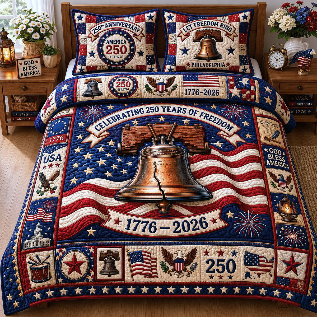 Let Freedom Ring Philadelphia quilted 3-piece bedding set on a made bed in a warmly lit bedroom