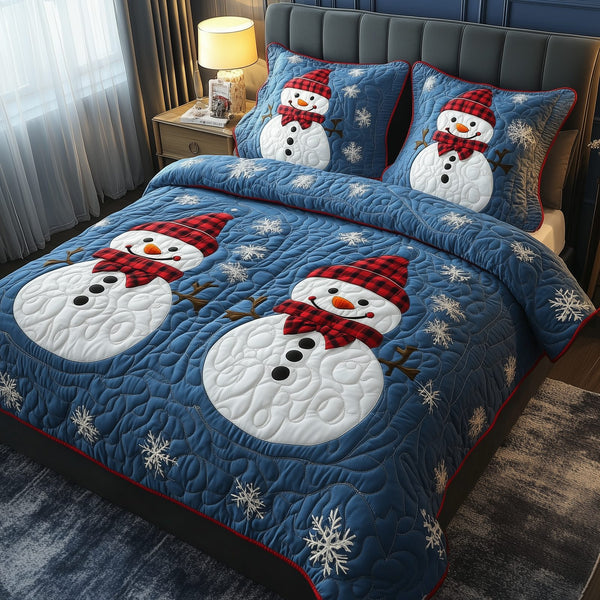 Let It Snow Vintage quilted 3-piece bedding set on a made bed in a farmhouse bedroom
