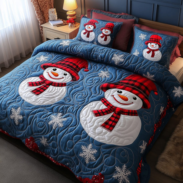 Let It Snow Vintage quilted 3-piece bedding set on a made bed in a farmhouse bedroom