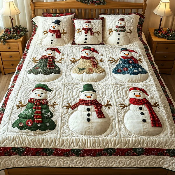 Let It Snow Vintage quilted 3-piece bedding set on a made bed in a farmhouse bedroom