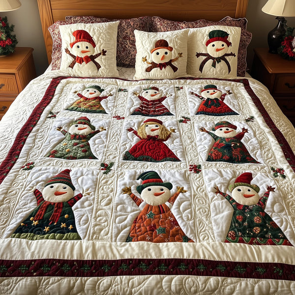 Let It Snow Vintage quilted 3-piece bedding set on a made bed in a farmhouse bedroom