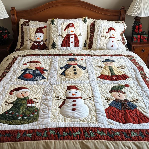 Let It Snow Vintage quilted 3-piece bedding set on a made bed in a farmhouse bedroom