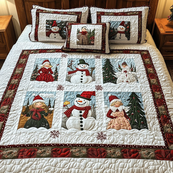 Let It Snow Vintage quilted 3-piece bedding set on a made bed in a farmhouse bedroom