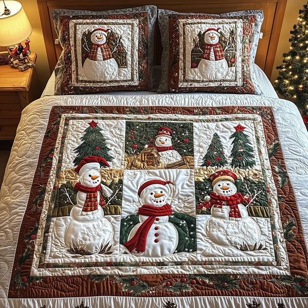 Let It Snow Vintage quilted 3-piece bedding set on a made bed in a farmhouse bedroom