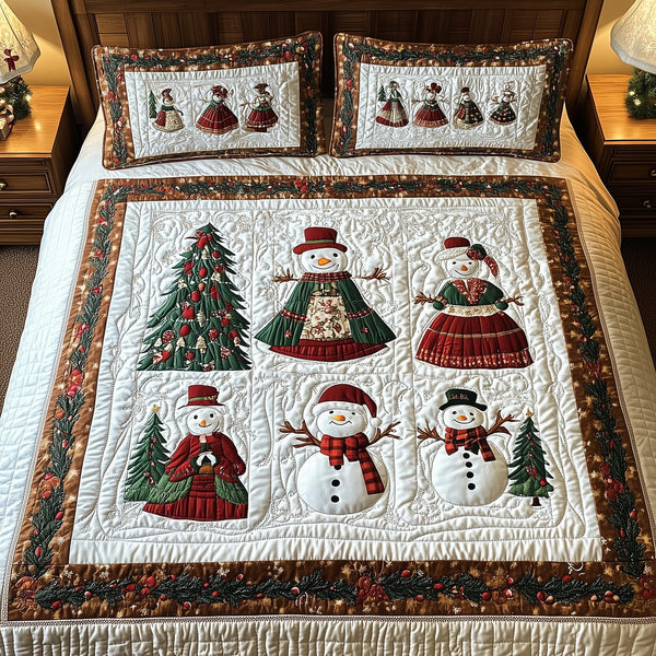 Let It Snow Vintage quilted 3-piece bedding set on a made bed in a farmhouse bedroom