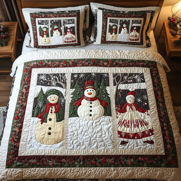 Let It Snow Vintage quilted 3-piece bedding set on a made bed in a farmhouse bedroom
