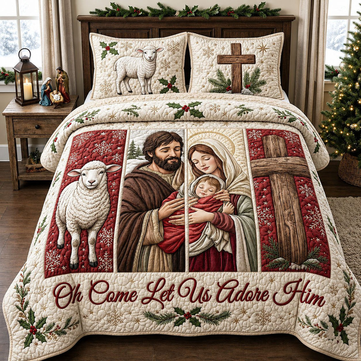 Let Us Adore Him quilted 3-piece bedding set on a made bed with two matching pillow shams