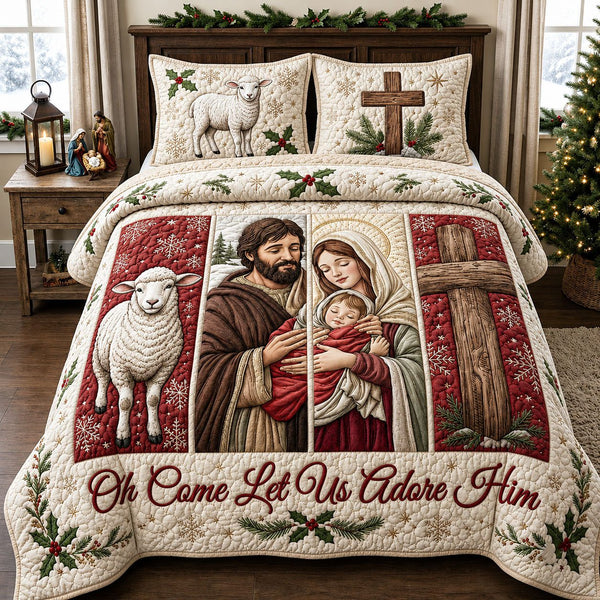 Let Us Adore Him quilted 3-piece bedding set on a made bed with two matching pillow shams