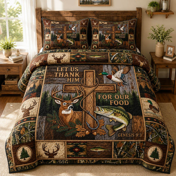 Let Us Thank Him For Our Food quilted 3-piece bedding set on a made bed with two matching pillow shams