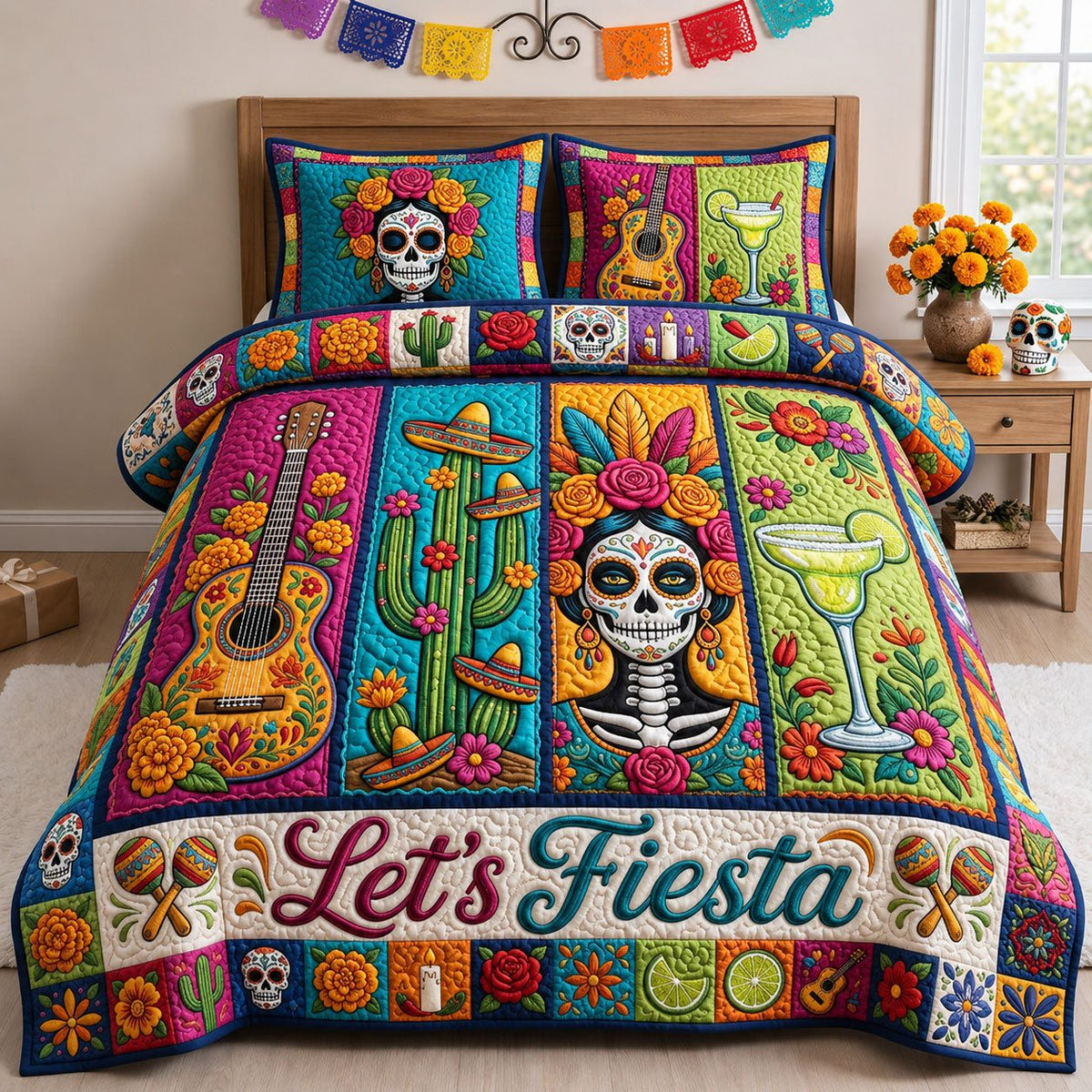 Lets Fiesta quilted 3-piece bedding set on a made bed with two matching pillow shams