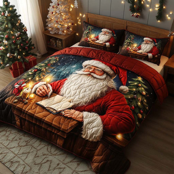Letters from Santa quilted 3-piece bedding set on a made bed in a winter-styled bedroom