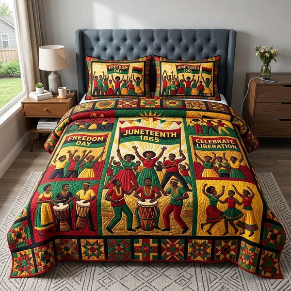 Liberation Rhythm quilted 3-piece bedding set on a made bed with two matching pillow shams