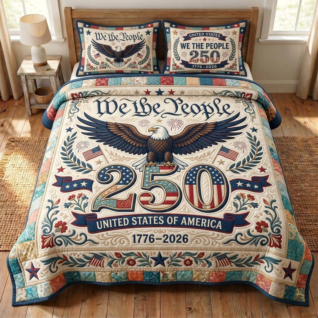 Liberty 250 quilted 3-piece bedding set on a made bed in a warmly lit bedroom