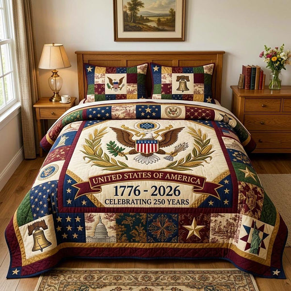 Liberty Banner quilted 3-piece bedding set on a made bed in a warmly lit bedroom