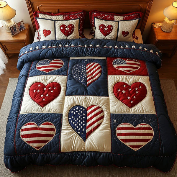 Liberty Beats quilted 3-piece bedding set on a made bed in a warmly lit bedroom