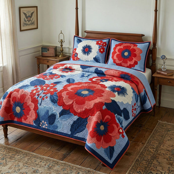 Liberty Bloom Classic quilted 3-piece bedding set on a made bed in a warmly lit bedroom