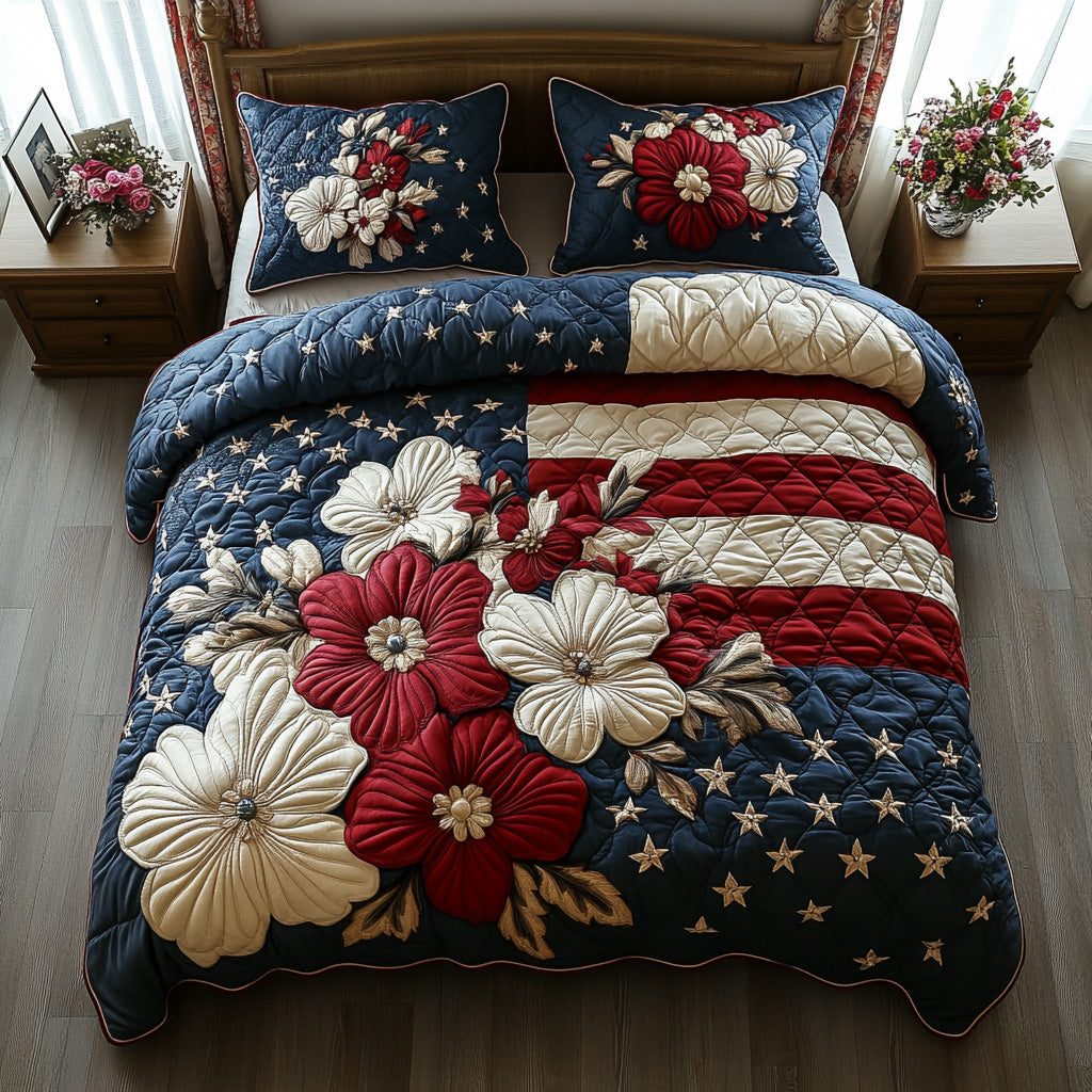 Liberty Bloom quilted 3-piece bedding set on a made bed in a warmly lit bedroom