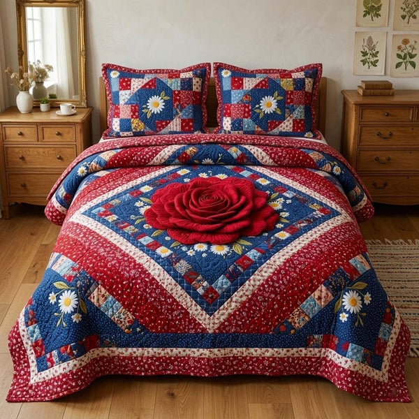 Liberty Blossom quilted 3-piece bedding set on a made bed in a warmly lit bedroom