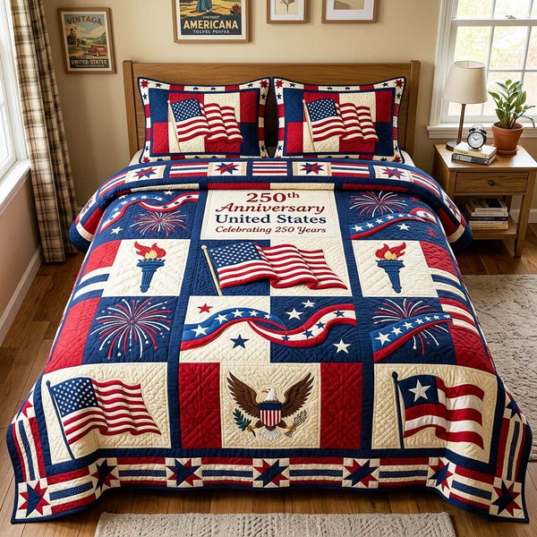 Liberty Celebration quilted 3-piece bedding set on a made bed in a warmly lit bedroom