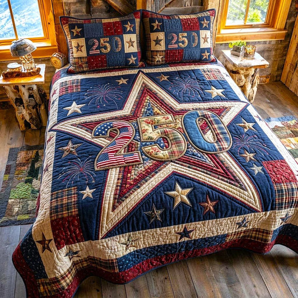 Liberty Colors quilted 3-piece bedding set on a made bed in a warmly lit bedroom