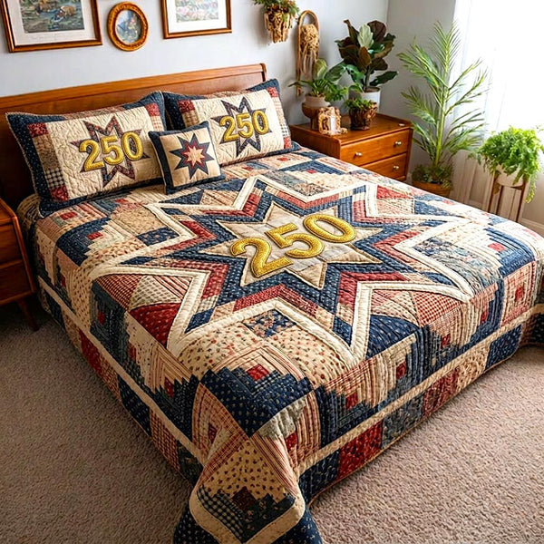 Liberty Colors quilted 3-piece bedding set on a made bed in a warmly lit bedroom