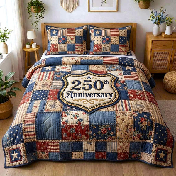 Liberty Colors quilted 3-piece bedding set on a made bed in a warmly lit bedroom