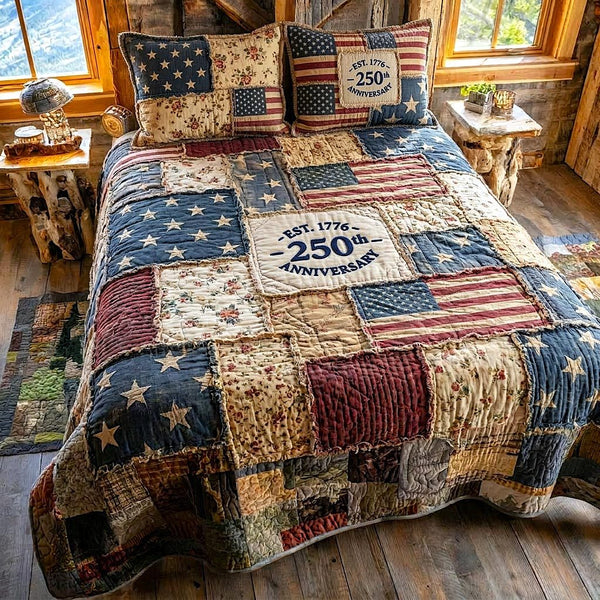 Liberty Colors quilted 3-piece bedding set on a made bed in a warmly lit bedroom