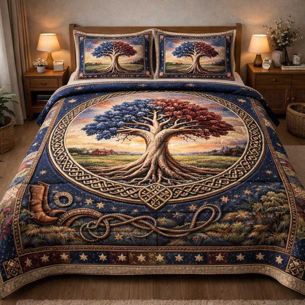 Liberty Colors quilted 3-piece bedding set on a made bed in a warmly lit bedroom