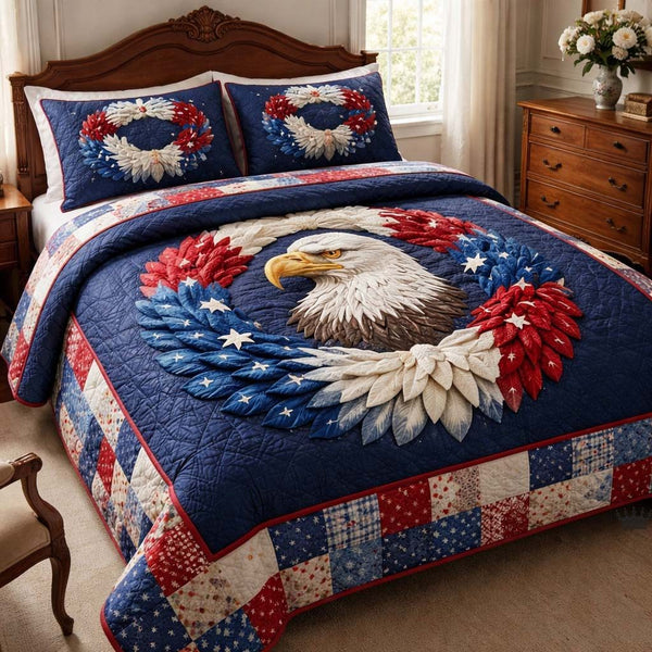 Liberty Colors quilted 3-piece bedding set on a made bed in a warmly lit bedroom