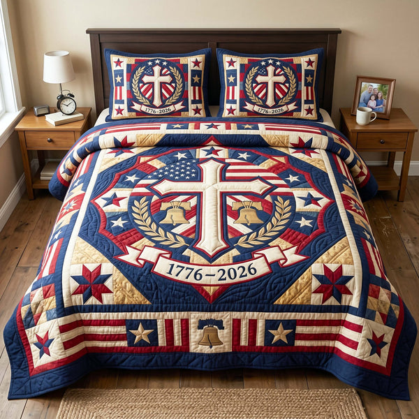 Liberty Covenant quilted 3-piece bedding set on a made bed in a warmly lit bedroom