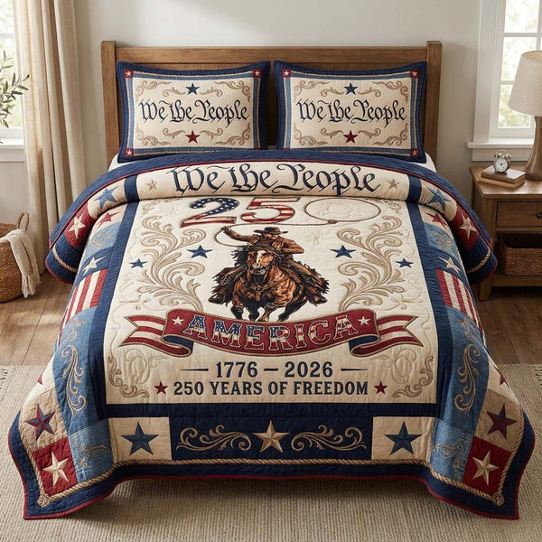 Liberty Cowboy quilted 3-piece bedding set on a made bed in a warmly lit bedroom