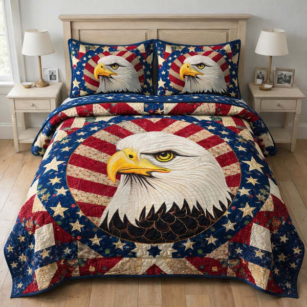 Liberty Crest quilted 3-piece bedding set on a made bed in a warmly lit bedroom