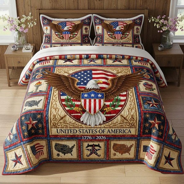 Liberty Crest quilted 3-piece bedding set on a made bed in a warmly lit bedroom