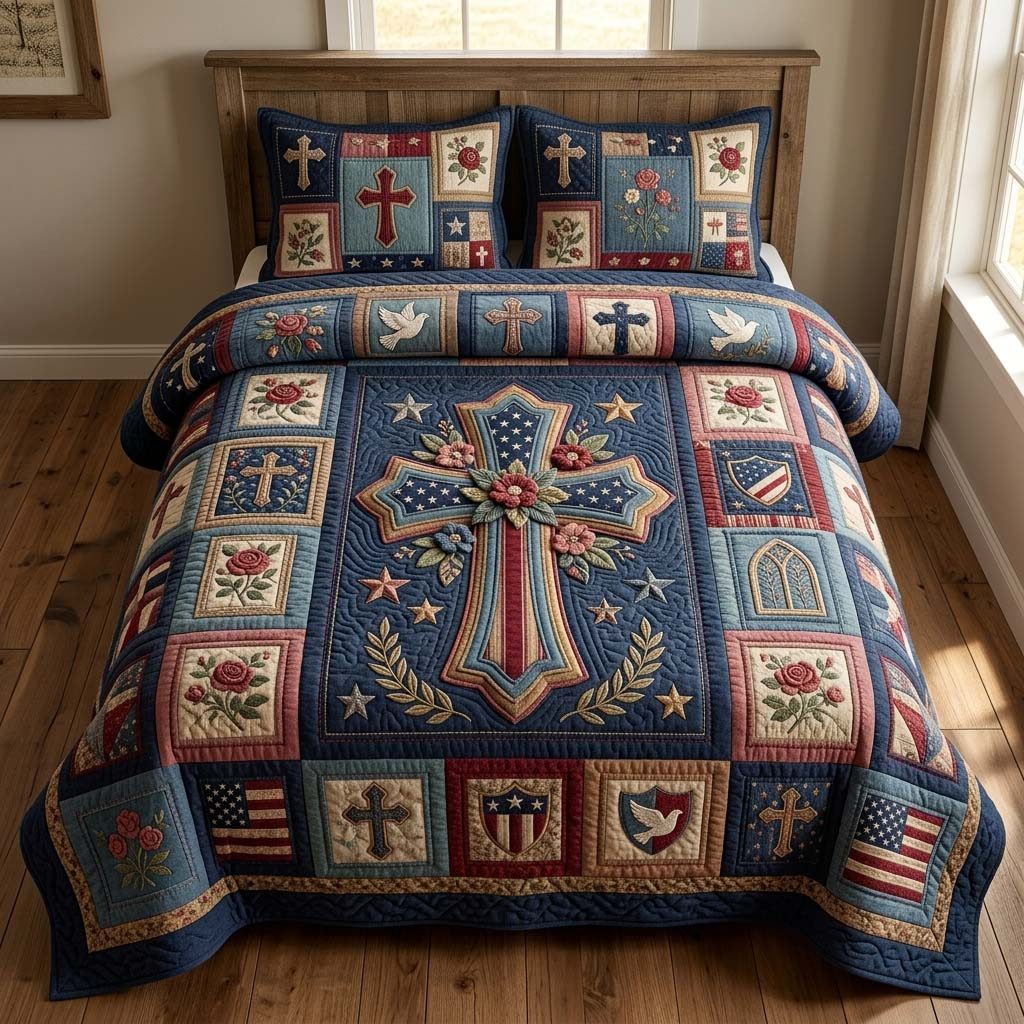 Liberty Cross quilted 3-piece bedding set on a made bed in a warmly lit bedroom