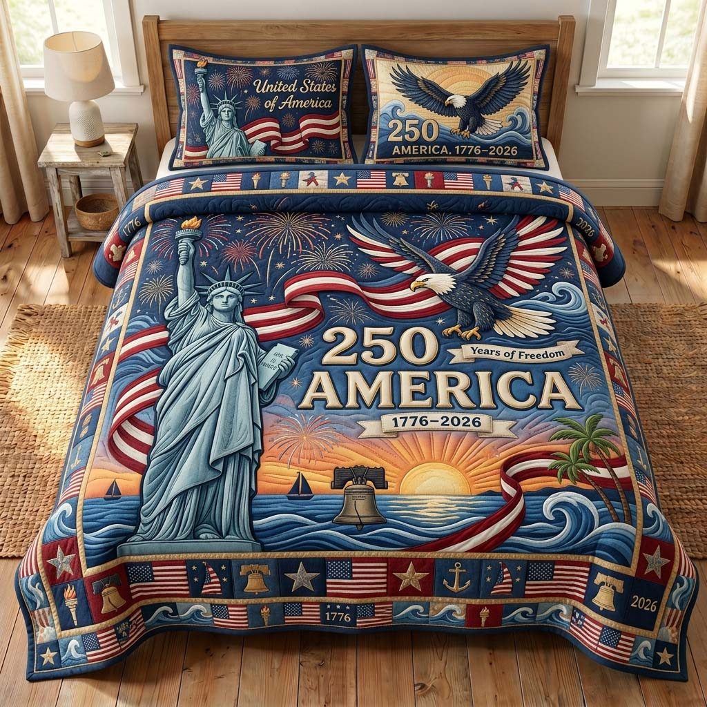 Liberty Eagle quilted 3-piece bedding set on a made bed in a warmly lit bedroom