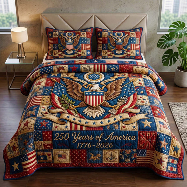 Liberty Eagle quilted 3-piece bedding set on a made bed in a warmly lit bedroom