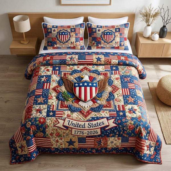 Liberty Eagle quilted 3-piece bedding set on a made bed in a warmly lit bedroom