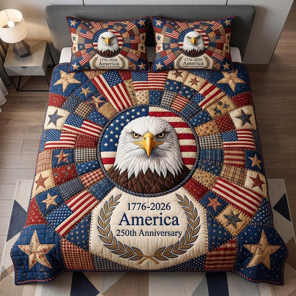 Liberty Eagle quilted 3-piece bedding set on a made bed in a warmly lit bedroom