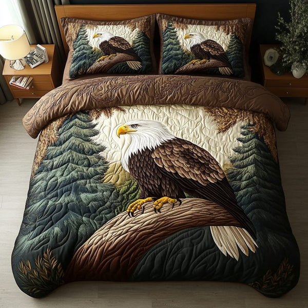 Liberty Eagle quilted 3-piece bedding set on a made bed in a warmly lit bedroom