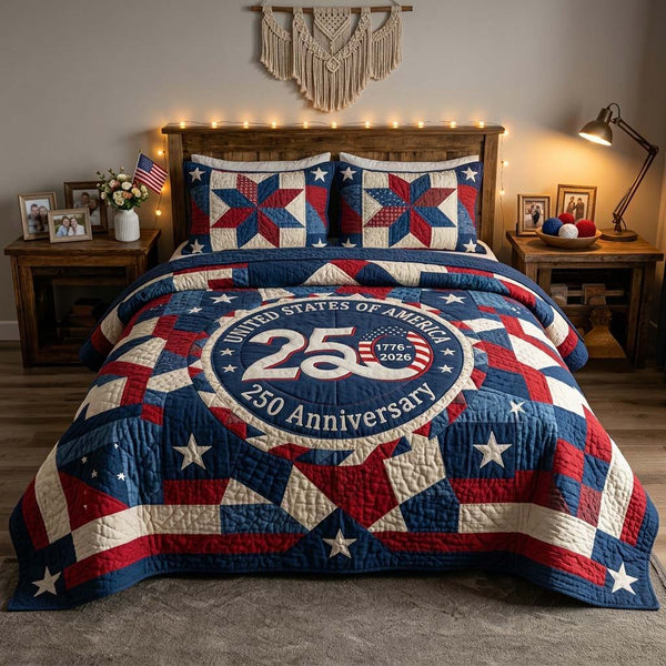 Liberty Emblem quilted 3-piece bedding set on a made bed in a warmly lit bedroom