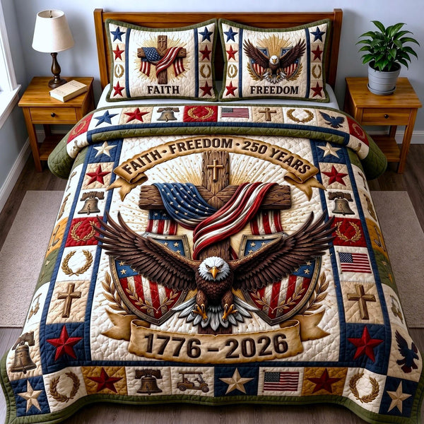 Liberty Faith quilted 3-piece bedding set on a made bed in a warmly lit bedroom