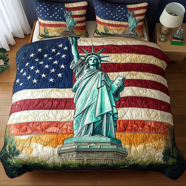 Liberty Flag quilted 3-piece bedding set on a made bed in a warmly lit bedroom