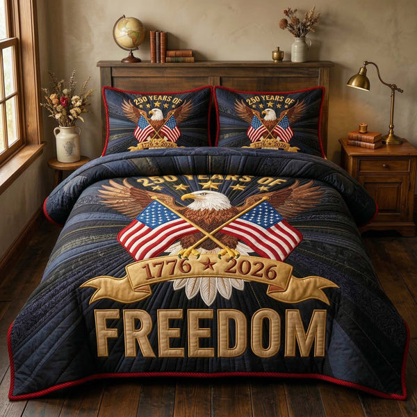 Liberty Flags quilted 3-piece bedding set on a made bed in a warmly lit bedroom